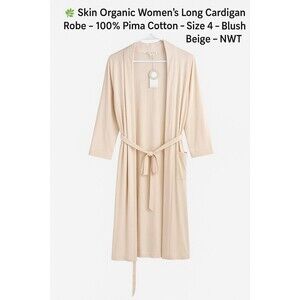 Skin Organic Women’s Long Cardigan Robe Size 4/XL Beige 100% Pima Cotton NWT